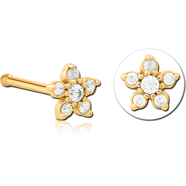 GOLD PVD COATED SURGICAL STEEL JEWELED NOSE BONE FLOWER