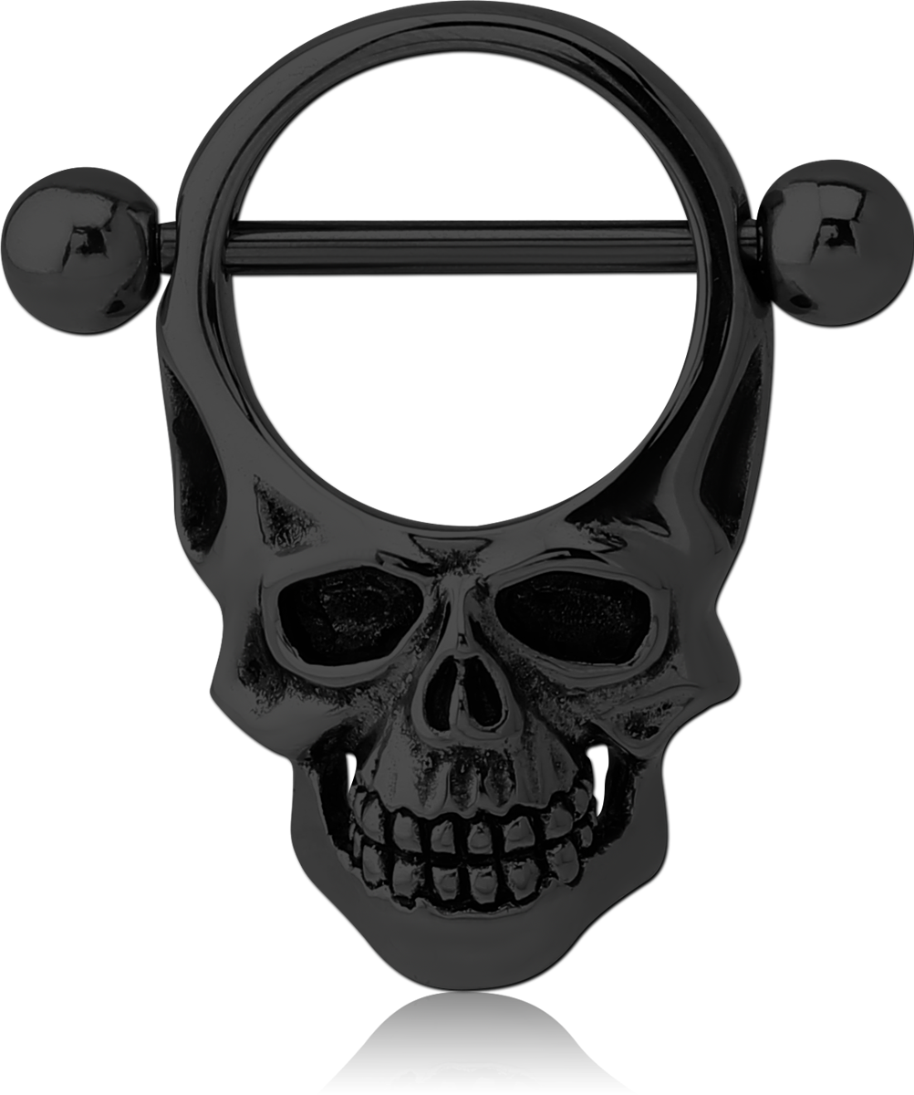 BLACK PVD COATED SURGICAL STEEL NIPPLE SHIELD BAR - ROUND SKULL