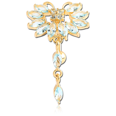 STERILE GOLD PVD COATED BRASS JEWELED BUTTERFLY REVERSE NAVEL BANANA WITH DANGLING CHARM - PEAR